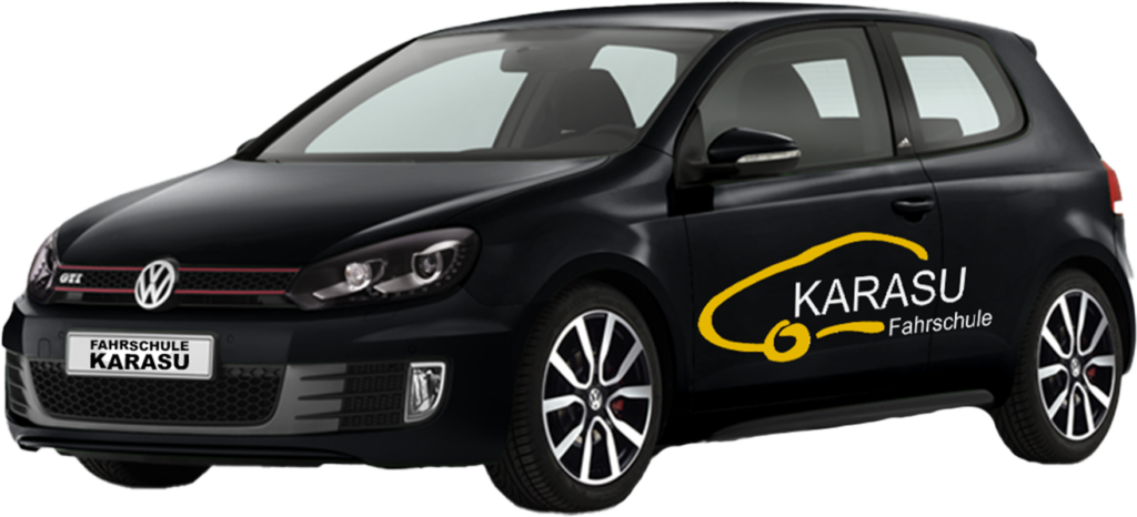 Fahrschulauto der Fahrschule Karasu in Bielefeld – schwarzer VW Golf mit Karasu-Beschriftung